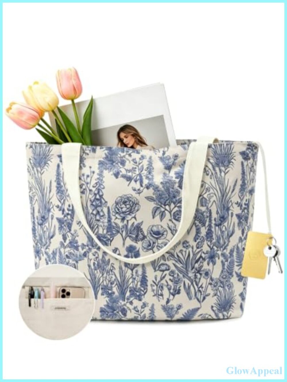 Large Canvas Tote Bag with Zipper, Inner Pocket & Key Hook - Reusable Shoulder
